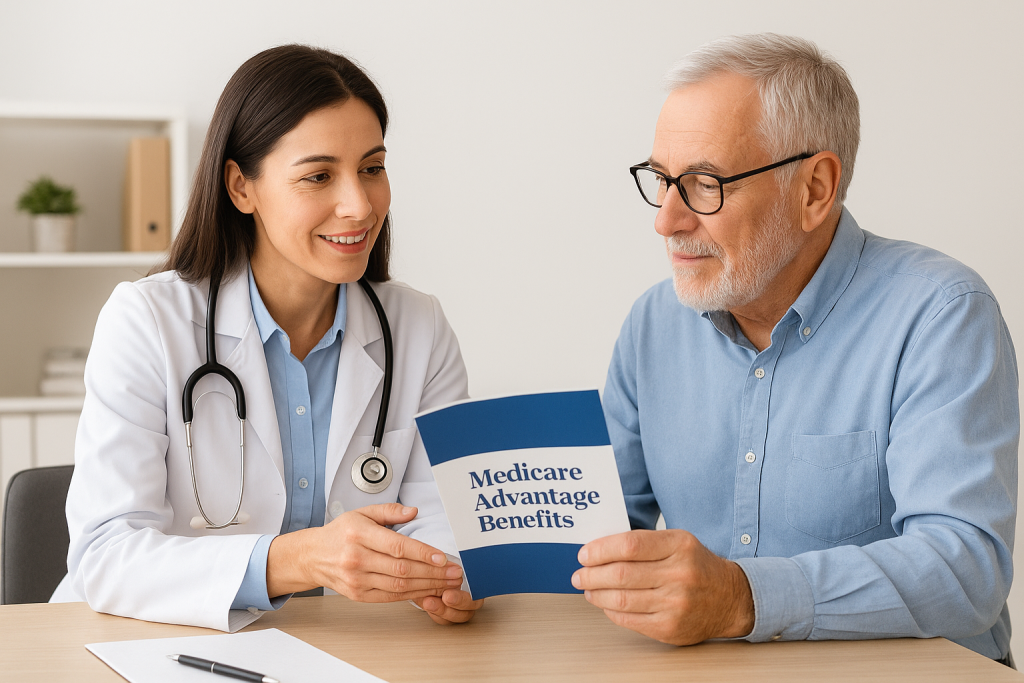 Female healthcare professional discussing Medicare Advantage Benefits with an elderly male patient.