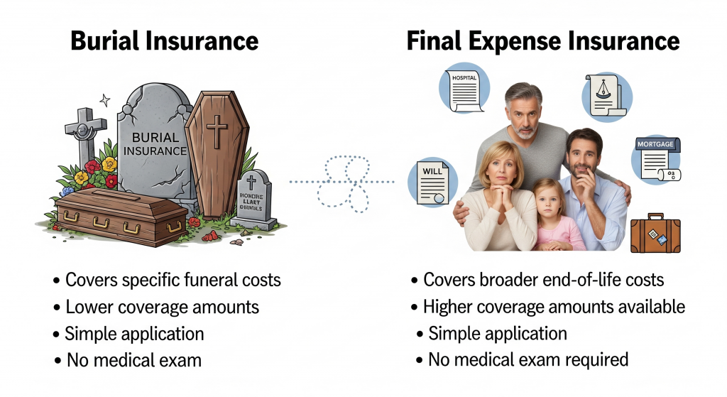 "Comparison infographic of Burial Insurance and Final Expense Insurance highlighting key differences and benefits."