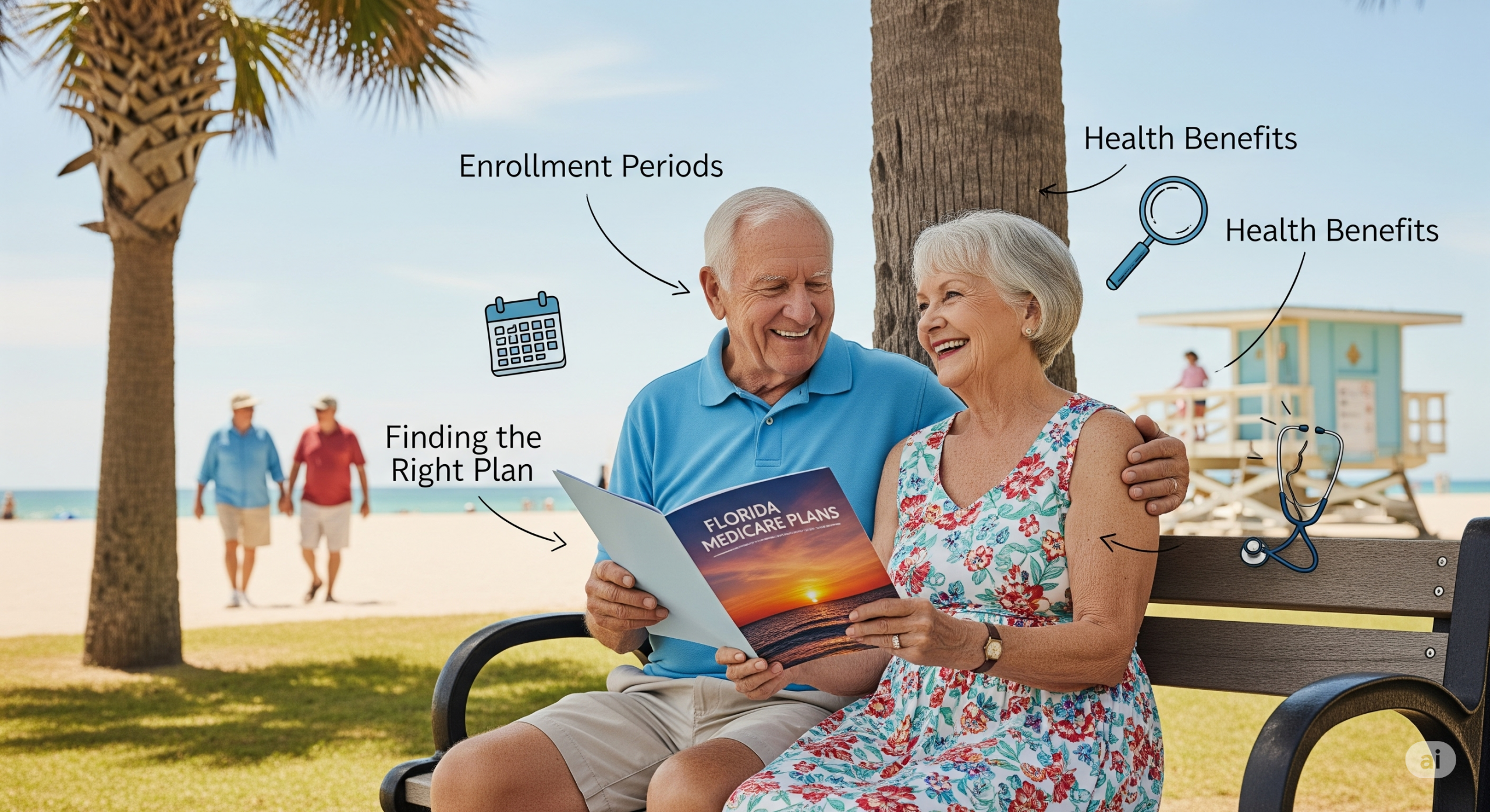 "Senior couple reviewing Florida Medicare plans on a bench by the beach."