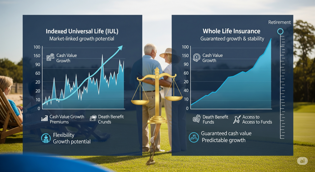 "Infographic comparing Indexed Universal Life (IUL) and Whole Life Insurance with a couple discussing options."